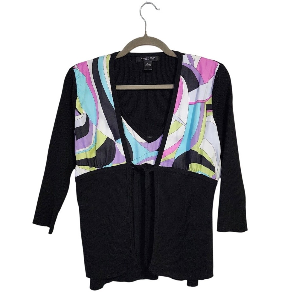 AUGUST SILK Rib Knit Abstract Print 2 Piece Tank Cardigan Silk Set Size L Y2K